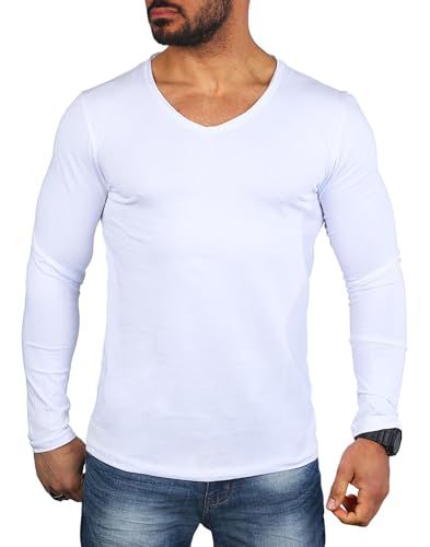 Carisma Herren Basic Uni Longsleeve einfarbiges Langarm T-Shirt tiefer V-Ausschnitt dehnbar Stretch 3428-3441, Grösse:M, Farbe:Weiß (Destroyed Look) von Carisma