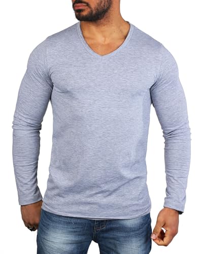 Carisma Herren Basic Uni Longsleeve einfarbiges Langarm T-Shirt tiefer V-Ausschnitt dehnbar Stretch 3428-3441, Grösse:XS, Farbe:Grau Melange (Destroyed Look) von Carisma
