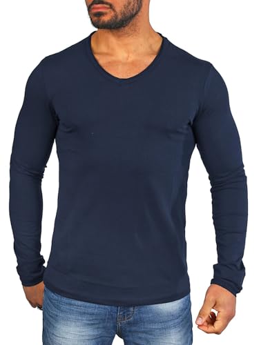 Carisma Herren Basic Uni Longsleeve einfarbiges Langarm T-Shirt tiefer V-Ausschnitt dehnbar Stretch 3428-3441, Grösse:XXL, Farbe:Dunkelblau (Destroyed Look) von Carisma