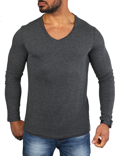 Carisma Herren Basic Uni Longsleeve einfarbiges Langarm T-Shirt tiefer V-Ausschnitt dehnbar Stretch 3428-3441, Grösse:XXL, Farbe:Dunkelgrau Melange (Destroyed Look) von Carisma