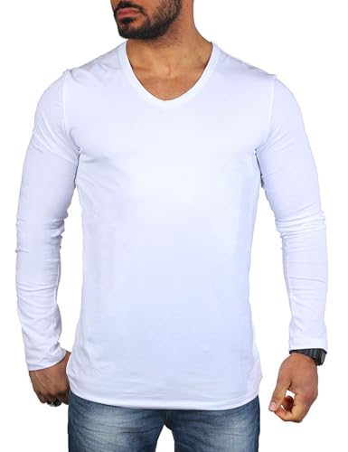 Carisma Herren Basic Uni Longsleeve einfarbiges Langarm T-Shirt tiefer V-Ausschnitt dehnbar Stretch 3428-3441, Grösse:XXL, Farbe:Weiß (Regular Look) von Carisma