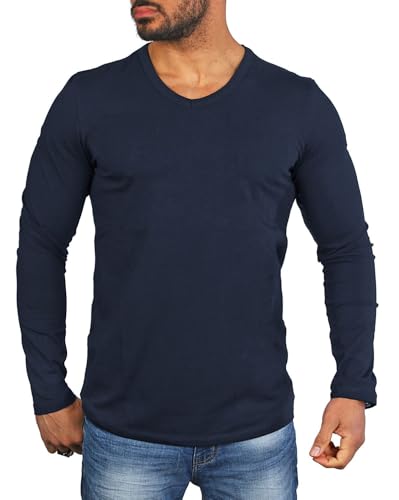 Carisma Herren Basic Uni Longsleeve einfarbiges Langarm T-Shirt tiefer V-Ausschnitt dehnbar Stretch 3428-3441, Grösse:3XL, Farbe:Dunkelblau (Regular Look) von Carisma