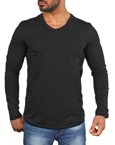 Carisma Herren Basic Uni Longsleeve einfarbiges Langarm T-Shirt tiefer V-Ausschnitt dehnbar Stretch 3428-3441, Grösse:XL, Farbe:Schwarz (Regular Look) von Carisma