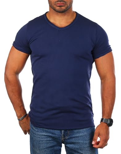 Carisma Herren Basic Uni T-Shirt einfarbiges Kurzarm Shirt tiefer V-Ausschnitt dehnbar Stretch 4066-4644, Grösse:4XL, Farbe:Dunkelblau (Destroyed Look) von Carisma