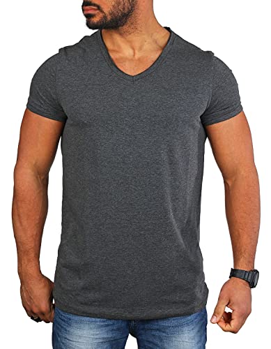 Carisma Herren Basic Uni T-Shirt einfarbiges Kurzarm Shirt tiefer V-Ausschnitt dehnbar Stretch 4066-4644, Grösse:L, Farbe:Dunkelgrau Melange (Destroyed Look) von Carisma