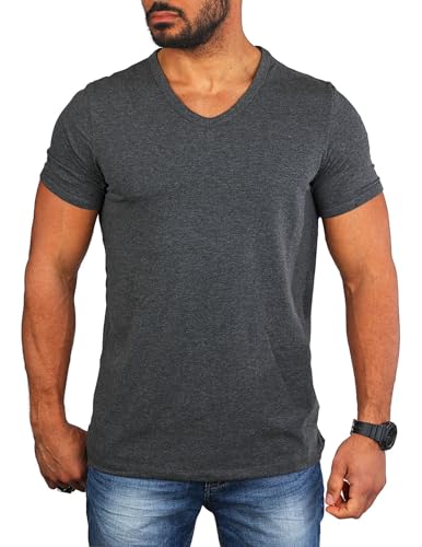 Carisma Herren Basic Uni T-Shirt einfarbiges Kurzarm Shirt tiefer V-Ausschnitt dehnbar Stretch 4066-4644, Grösse:L, Farbe:Dunkelgrau Melange (Regular Look) von Carisma