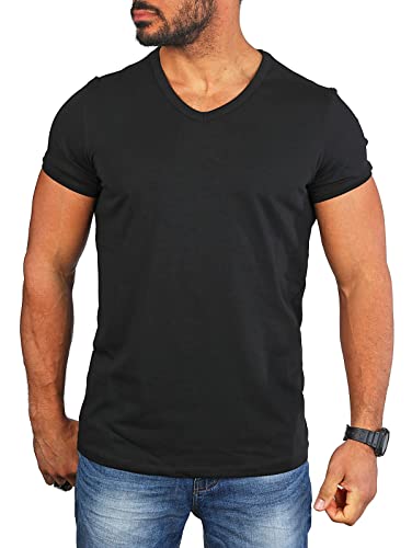 Carisma Herren Basic Uni T-Shirt einfarbiges Kurzarm Shirt tiefer V-Ausschnitt dehnbar Stretch 4066-4644, Grösse:L, Farbe:Schwarz (Regular Look) von Carisma