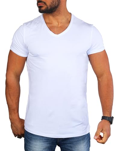 Carisma Herren Basic Uni T-Shirt einfarbiges Kurzarm Shirt tiefer V-Ausschnitt dehnbar Stretch 4066-4644, Grösse:M, Farbe:Weiß (Destroyed Look) von Carisma