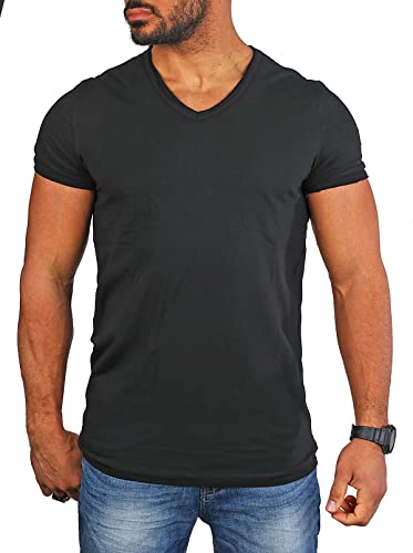 Carisma Herren Basic Uni T-Shirt einfarbiges Kurzarm Shirt tiefer V-Ausschnitt dehnbar Stretch 4066-4644, Grösse:S, Farbe:Schwarz (Destroyed Look) von Carisma