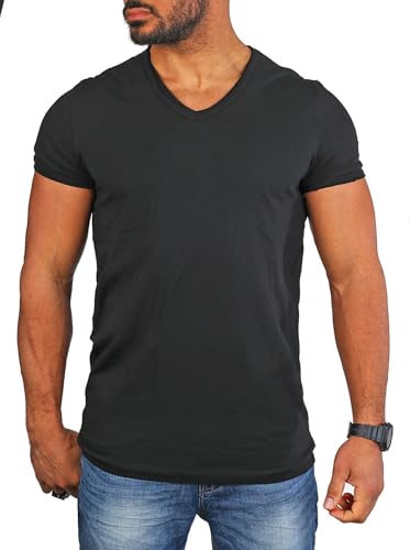 Carisma Herren Basic Uni T-Shirt einfarbiges Kurzarm Shirt tiefer V-Ausschnitt dehnbar Stretch 4066-4644, Grösse:XL, Farbe:Schwarz (Destroyed Look) von Carisma