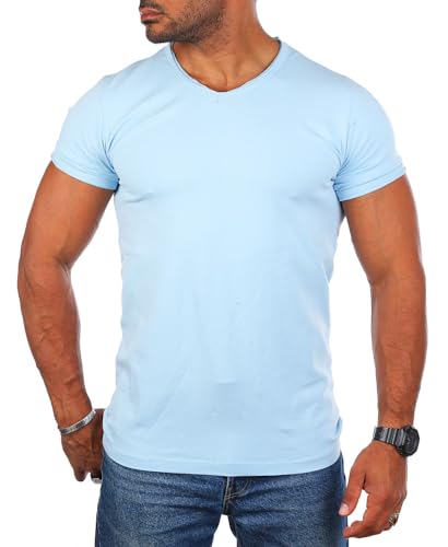 Carisma Herren Basic Uni T-Shirt einfarbiges Kurzarm Shirt tiefer V-Ausschnitt dehnbar Stretch 4066-4644, Grösse:XS, Farbe:Hellblau (Destroyed Look) von Carisma