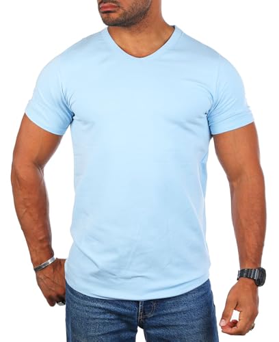 Carisma Herren Basic Uni T-Shirt einfarbiges Kurzarm Shirt tiefer V-Ausschnitt dehnbar Stretch 4066-4644, Grösse:XS, Farbe:Hellblau (Regular Look) von Carisma