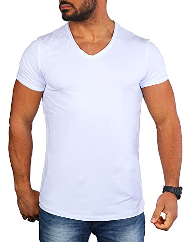 Carisma Herren Basic Uni T-Shirt einfarbiges Kurzarm Shirt tiefer V-Ausschnitt dehnbar Stretch 4066-4644, Grösse:XS, Farbe:Weiß (Destroyed Look) von Carisma