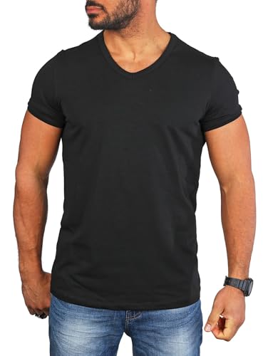 Carisma Herren Basic Uni T-Shirt einfarbiges Kurzarm Shirt tiefer V-Ausschnitt dehnbar Stretch 4066-4644, Grösse:XXL, Farbe:Schwarz (Regular Look) von Carisma
