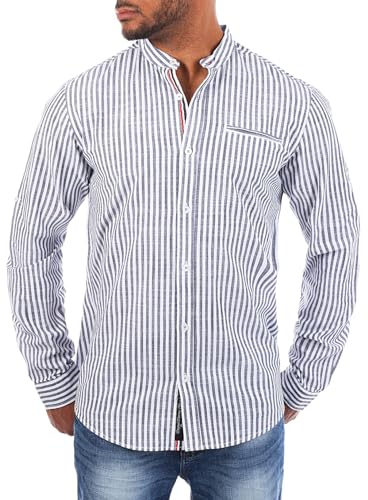 Carisma Herren Baumwoll Leinen Mix Stehkragen Hemd gestreift Langarm 8455, Grösse:S, Farbe:Grau von Carisma