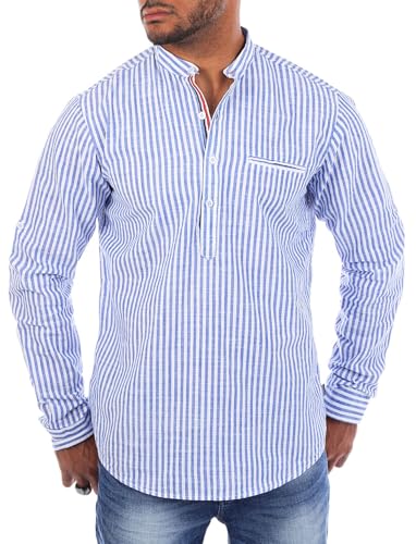 Carisma Herren Baumwoll Leinen Mix Stehkragen Tunika gestreift Langarm leicht körperbetonter Legerer Schnitt, Grösse:M, Farbe:Blau von Carisma