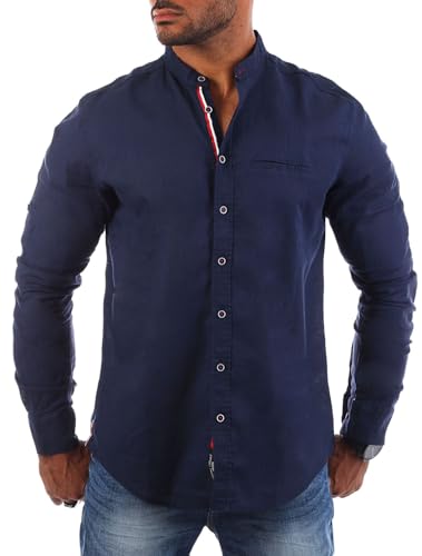 Carisma Herren Baumwoll Leinen Mix Uni Stehkragen Hemd Langarm einfarbig leicht körperbetont 8444, Grösse:XL, Farbe:Dunkelblau von Carisma