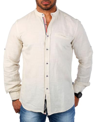 Carisma Herren Baumwoll Leinen Mix Uni Stehkragen Hemd Langarm einfarbig leicht körperbetont 8444, Grösse:3XL, Farbe:Beige von Carisma