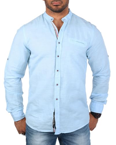 Carisma Herren Baumwoll Leinen Mix Uni Stehkragen Hemd Langarm einfarbig leicht körperbetont 8444, Grösse:4XL, Farbe:Hellblau von Carisma
