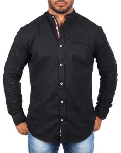 Carisma Herren Baumwoll Leinen Mix Uni Stehkragen Hemd Langarm einfarbig leicht körperbetont 8444, Grösse:4XL, Farbe:Schwarz von Carisma