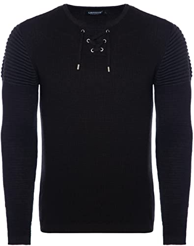 Carisma Herren Feinstrick-Pullover für Winter und Übergang ● Herren Longsleeve mit gerippten Ärmeln ● Herren Langarmshirt Rundhals-Pullover für Herren 7777 Black L von Carisma