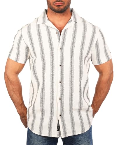 Carisma Herren Kurzarm Hemd gestreift trendig angenehm grob gewebt Retro Look 9287, Grösse:XL, Farbe:Cremeweiß (9242) von Carisma