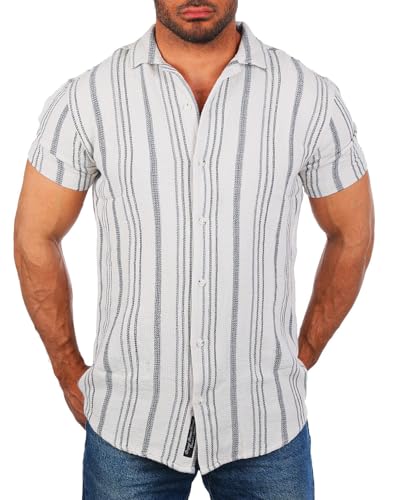 Carisma Herren Kurzarm Hemd gestreift trendig angenehm grob gewebt Retro Look 9287, Grösse:XXL, Farbe:Leinengrau (9287) von Carisma