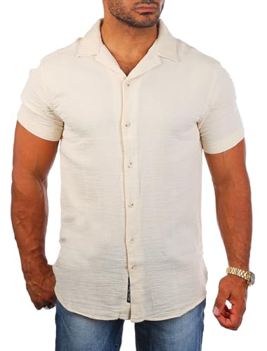 Carisma Herren Kurzarm Musselin Baumwoll Strand Hemd angenehm luftig gewebt 9274-9319, Grösse:L, Farbe:Beige von Carisma