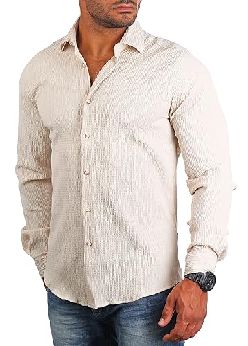 Carisma Herren Langarm Hemd Trendige Riffel Optik Retro Look Stretch 8596, Grösse:M, Farbe:Beige von Carisma