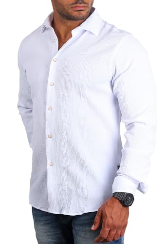 Carisma Herren Langarm Hemd Trendige Riffel Optik Retro Look Stretch 8596, Grösse:M, Farbe:Weiß von Carisma