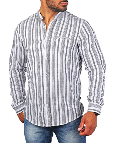 Carisma Herren Langarm Stehkragen Hemd mit trendigen Längsstreifen Retro Kontrast Look 8533, Grösse:S, Farbe:Schwarz von Carisma