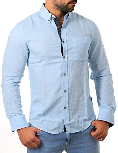 Carisma Herren Leinen Baumwoll Mix Hemd mit Kontrast Knopfleiste & Manchette Langarm körperbetont Slim Fit Button Down, Grösse:XXL, Farbe:Hellblau von Carisma