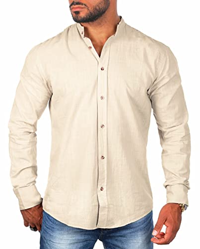 Carisma Herren Leinen Baumwoll Mix Stehkragen Hemd Langarm Regular fit 8389, Grösse:3XL, Farbe:Beige von Carisma