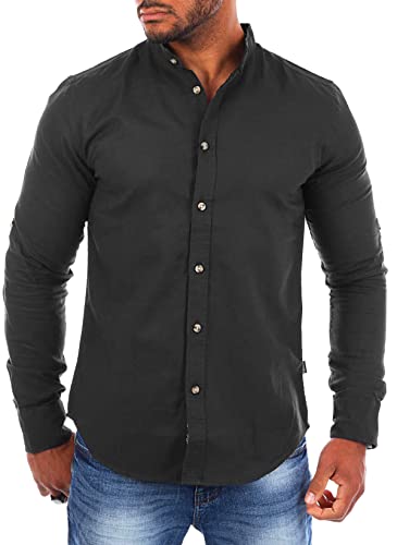 Carisma Herren Leinen Baumwoll Mix Stehkragen Hemd Langarm Regular fit 8389, Grösse:3XL, Farbe:Schwarz von Carisma