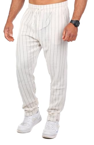 Carisma Herren Musselin Baumwoll Strand Hose trendig locker angenehm luftig leicht Regular fit 2162, Grösse:M, Farbe:Cremeweiß - gestreift (2214) von Carisma
