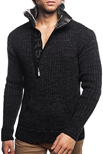 Carisma Herren Strick-Pullover mit Schalkragen gefüttert • Männer Winter-Pullover mit Kängurutasche • stylischer Herren Strick-Pulli • angenehmer Herrenpullover Strick-Sweatshirt K-142 Black 3XL von Carisma