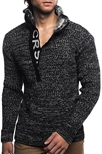 Carisma Herren Strick-Pullover mit Schalkragen gefüttert • Männer Winter-Pullover mit Kängurutasche • stylischer Herren Strick-Pulli • angenehmer Herrenpullover Strick-Sweatshirt K-142 Black-Mel. L von Carisma