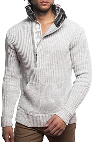 Carisma Herren Strick-Pullover mit Schalkragen gefüttert • Männer Winter-Pullover mit Kängurutasche • stylischer Herren Strick-Pulli • angenehmer Herrenpullover Strick-Sweatshirt K-142 Ecru 3XL von Carisma