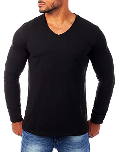 Carisma Herren Uni Basic Langarm T-Shirt Longsleeve mit tiefem V-Ausschnitt Vintage Look Kragen Effekt einfarbig Dehnbare Passform 3428, Grösse:3XL, Farbe:Schwarz von Carisma