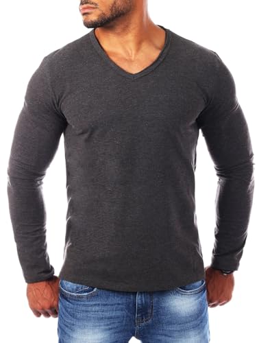 Carisma Herren Uni Basic Langarm T-Shirt Longsleeve mit tiefem V-Ausschnitt Vintage Look Kragen Effekt einfarbig Dehnbare Passform 3428, Grösse:L, Farbe:Dunkelgrau - Melange von Carisma