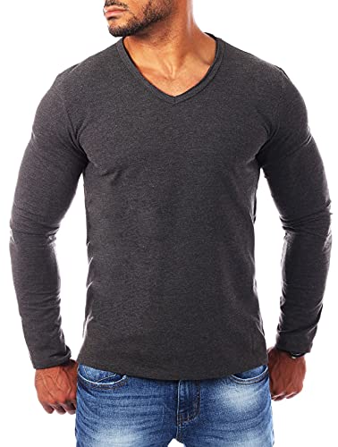 Carisma Herren Uni Basic Langarm T-Shirt Longsleeve mit tiefem V-Ausschnitt Vintage Look Kragen Effekt einfarbig Dehnbare Passform 3428, Grösse:M, Farbe:Dunkelgrau - Melange von Carisma