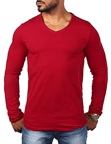 Carisma Herren Uni Basic Langarm T-Shirt Longsleeve mit tiefem V-Ausschnitt Vintage Look Kragen Effekt einfarbig Dehnbare Passform 3428, Grösse:M, Farbe:Weinrot von Carisma