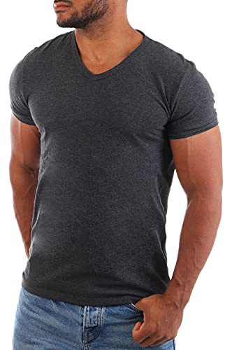 Carisma Herren Uni Basic T-Shirt mit tiefem V-Ausschnitt Vintage Destroyed Kragen Effekt einfarbig Dehnbare Passform, Grösse:3XL, Farbe:Dunkelgrau von Carisma