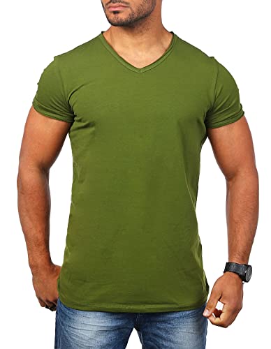 Carisma Herren Uni Basic T-Shirt mit tiefem V-Ausschnitt Vintage Destroyed Kragen Effekt einfarbig Dehnbare Passform, Grösse:L, Farbe:Oliv-Grün von Carisma