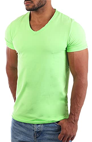 Carisma Herren Uni Basic T-Shirt mit tiefem V-Ausschnitt Vintage Look Kragen Effekt einfarbig Dehnbare Passform, Grösse:L, Farbe:Hellgrün von Carisma
