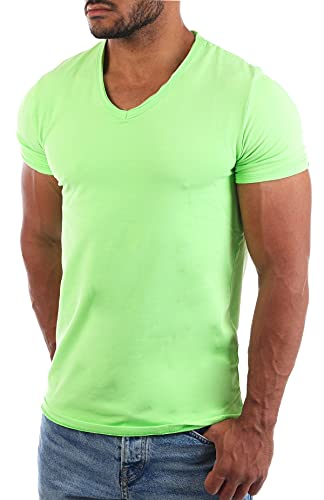 Carisma Herren Uni Basic T-Shirt mit tiefem V-Ausschnitt Vintage Look Kragen Effekt einfarbig Dehnbare Passform, Grösse:XL, Farbe:Hellgrün von Carisma