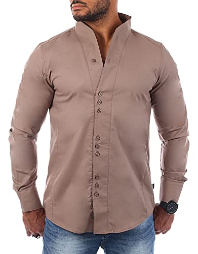 Carisma Herren Uni Langarm Stehkragen Hemd Slimfit tailliert figurbetont Party Club Look Optik Freizeit Casual einfarbig Basic, Grösse:4XL, Farbe:Hellbraun von Carisma