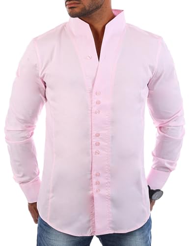Carisma Herren Uni Langarm Stehkragen Hemd Slimfit tailliert figurbetont Party Club Look Optik Freizeit Casual einfarbig Basic H-902, Grösse:M, Farbe:Rosa von Carisma