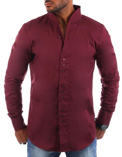 Carisma Herren Uni Langarm Stehkragen Hemd Slimfit tailliert figurbetont Party Club Look Optik Freizeit Casual einfarbig Basic H-902, Grösse:M, Farbe:Weinrot von Carisma