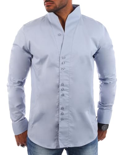 Carisma Herren Uni Langarm Stehkragen Hemd Slimfit tailliert figurbetont Party Club Look Optik Freizeit Casual einfarbig Basic H-902, Grösse:S, Farbe:Grau von Carisma
